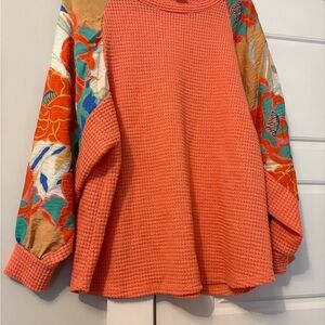 7th Ray Coral Waffle Knit Top with Floral Tag Detail